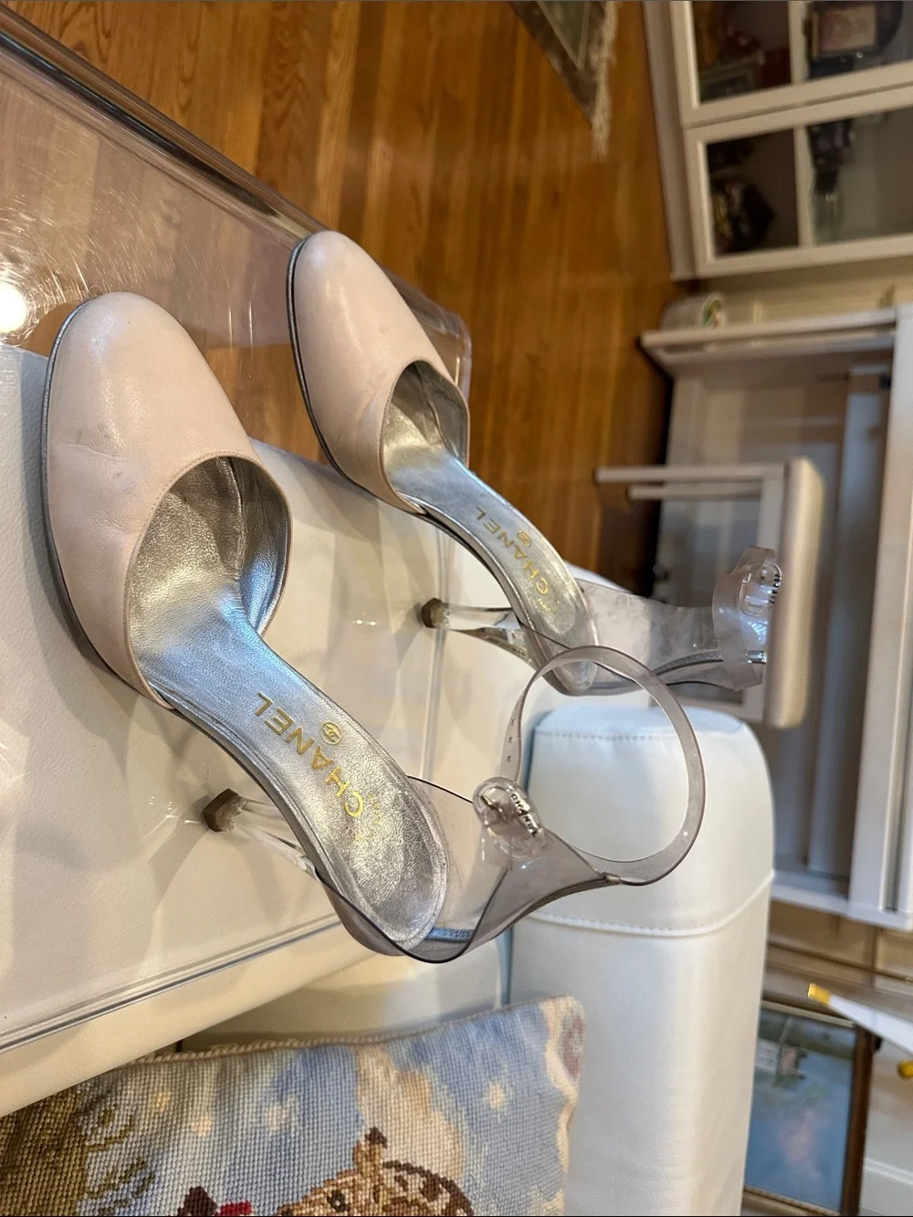 CHANEL Beige Leather Pumps with Clear Ankle Strap
